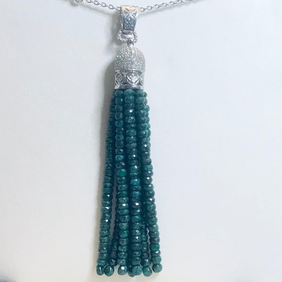 Genuine Emerald & Zircon Tassel Pendant Necklace - Picture 2 of 9